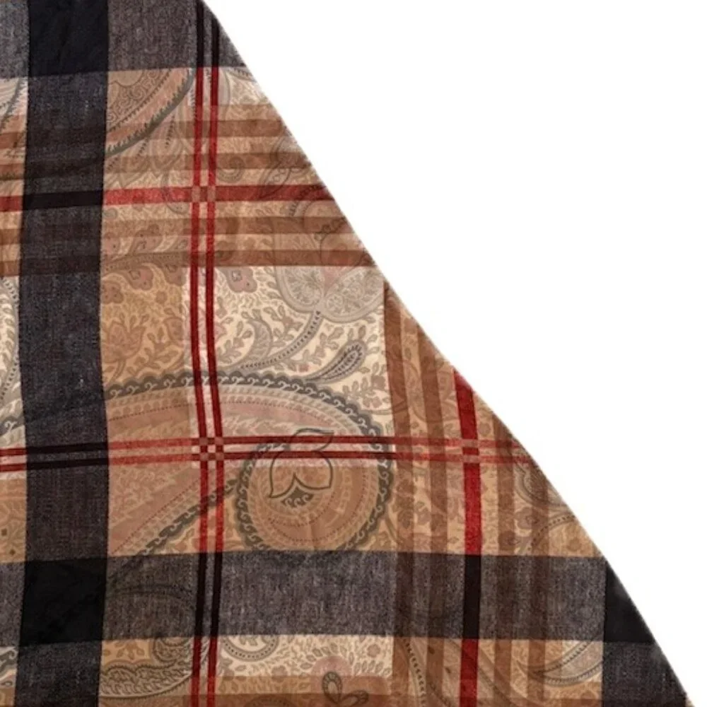 VTG Sheer Plaid Paisley Scarf Neutral Tan Gray Red-Burgundy
